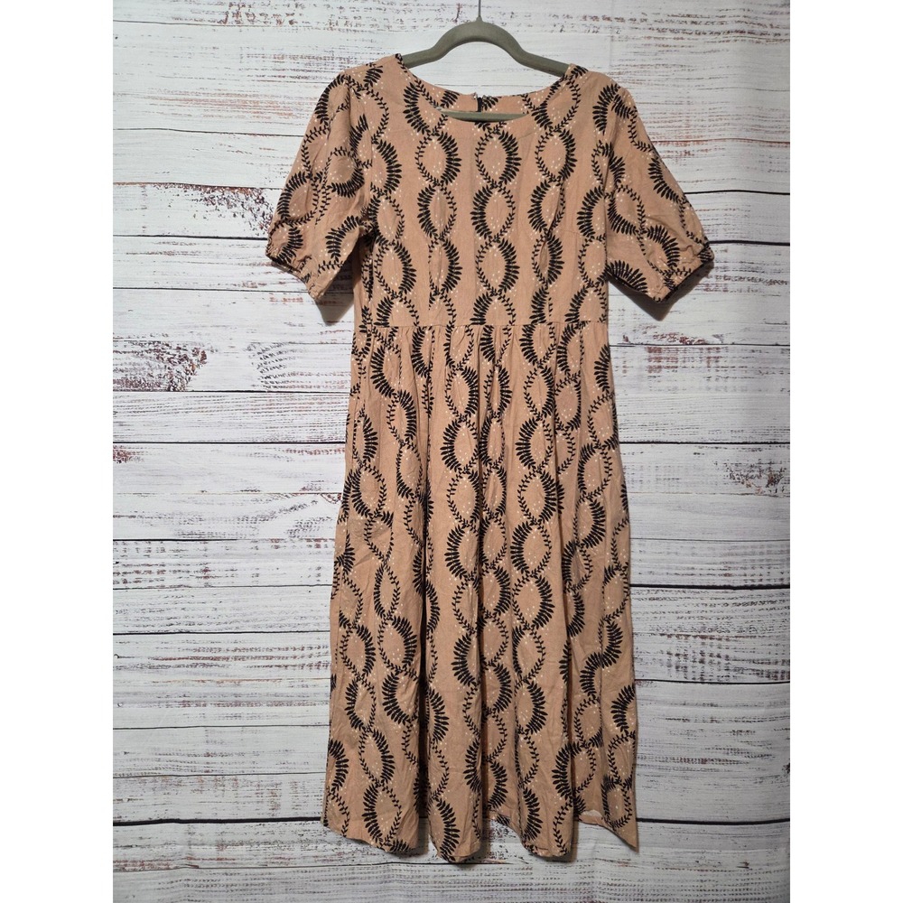Mata Traders Womens Peach Black Leaf Print Cotton Midi Dress Pockets Size M